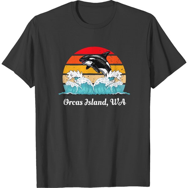 Orcas Island T- Shirt Orcas Island Washington Distressed Orca Killer Whale Waves Art T- Shirt T-Shirts-image