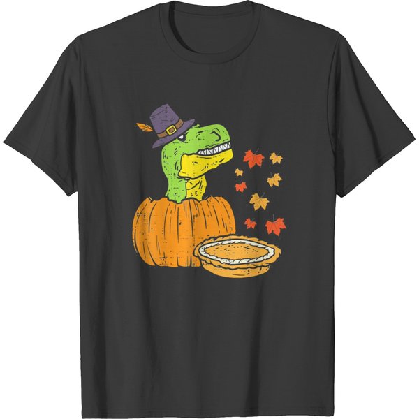 Pilgrim Trex Dinosaur Pumpkin Pie Thanksgiving T-Shirt-image