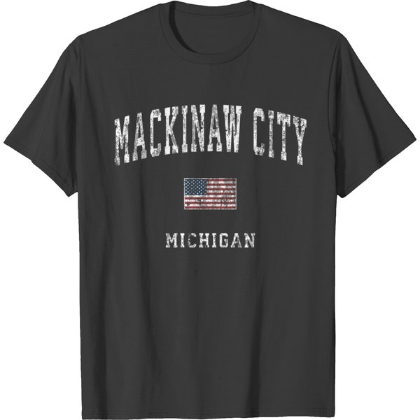 Mackinaw City Michigan Mi Vintage American Flag Sp T-Shirt-image