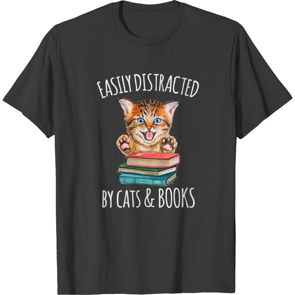 Womens Cat Book Lover Easily Distracted By Cats T-Shirt-image