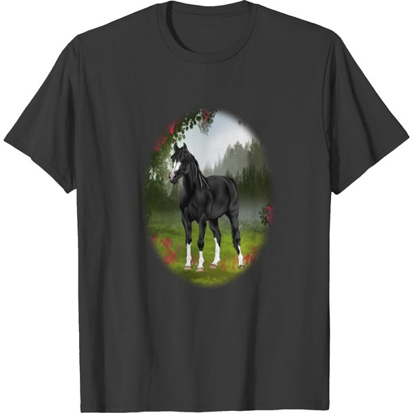 Black Arabian Horse In Spring Meadow T-Shirt-image