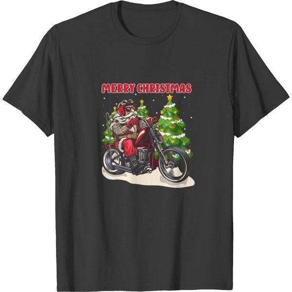 Funny Santa On Motorcycle Christmas Gifts T-Shirt-image