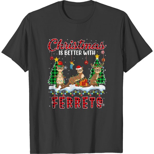 Ferret Lover Christmas Is Better With Ferrets Santa Elf Reindeer Plaid T-Shirts-image