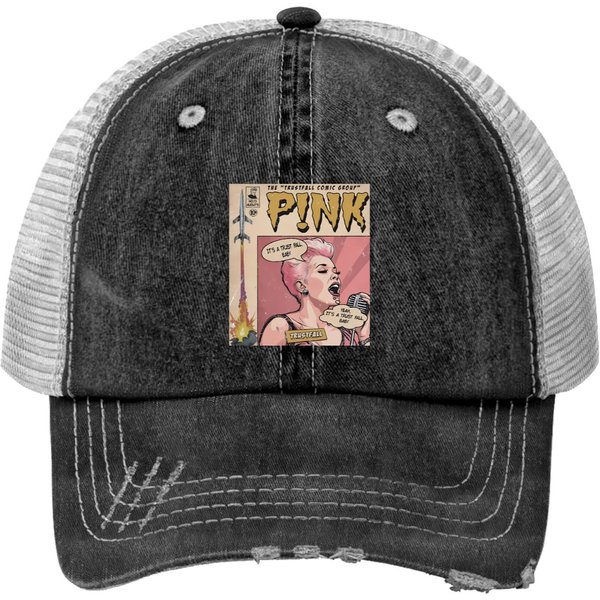P!Nk Comic Print Trucker Hats, Y2K Merch Vintage 90S Pink Summer Carnival 2023 Tour Tickets Album Trustfall-image