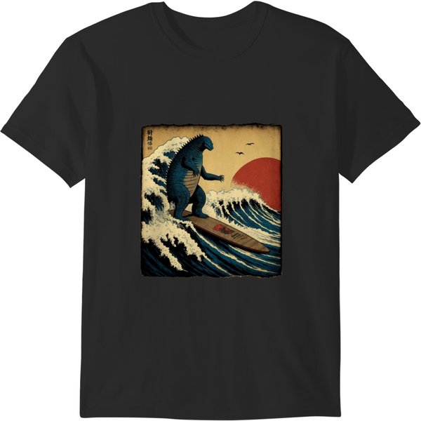 Godzillas Surfing The Great Wave By Hokusai Funny Parody T-Shirts-image