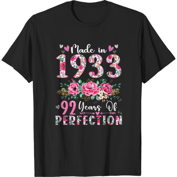 92 Year Old Made In 1933 Floral 92Th Birthday Women T-Shirts-image