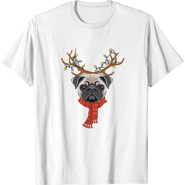 Pug Reindeer Christmas Light Santa Dog Lover Pugmas Xmas T-Shirts-image