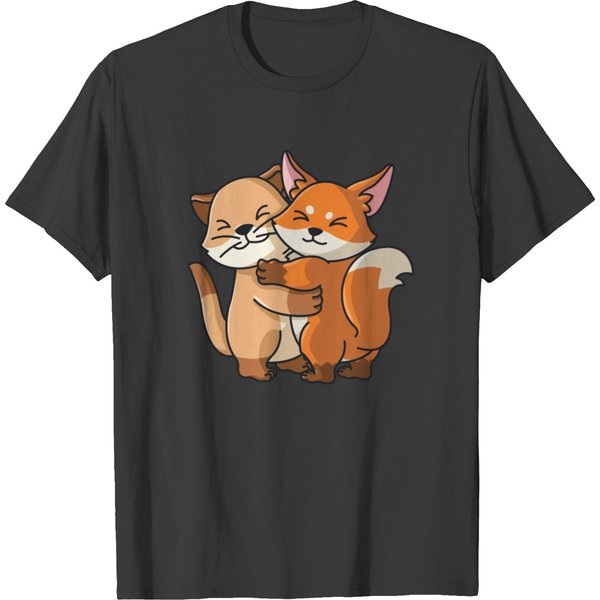 Cat And Fox Cute Hug Cuddle Animals T-Shirt-image