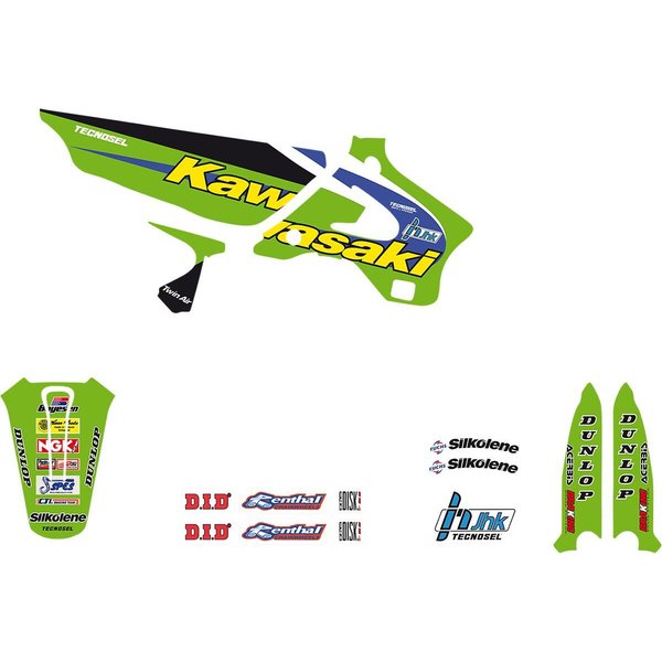 24V02 - Tecnosel Graphics Kit For Kawasaki KX125 1994-1998 - Black/Green/Multi/White