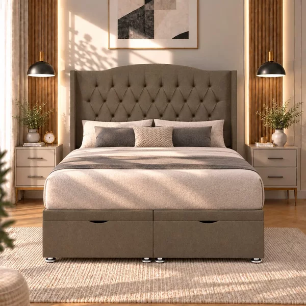 Ascot Wingback Ottoman-Dark - Wheat Linen, Single 90 x 190 cm