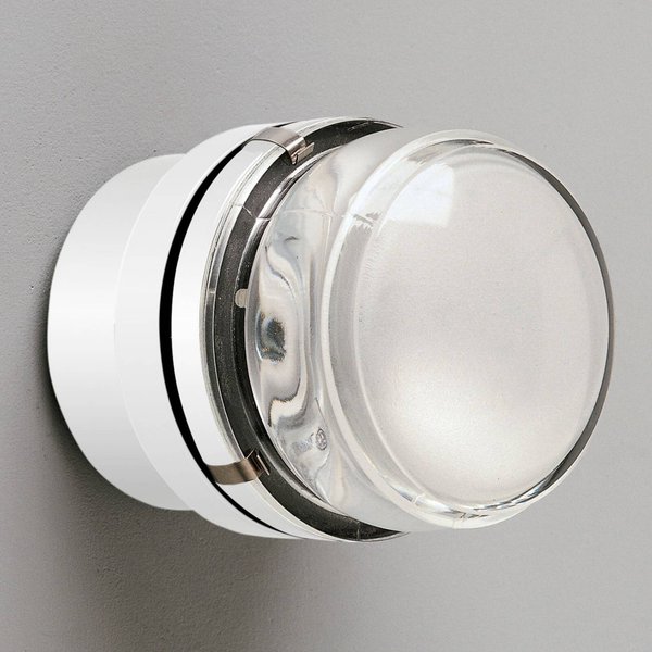 Oluce Wandleuchte Fresnel, weiß, Glaslinse, IP44, E14