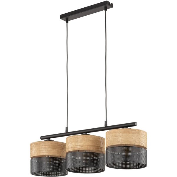 Hängelampe Nicol, schwarz/Holzoptik, 70x20 cm 3-flg. 3 x E27