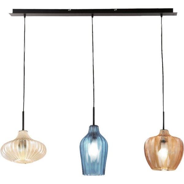 Hängelampe Olbia, linear, 3-flammig, amber/blau/beige, Glas