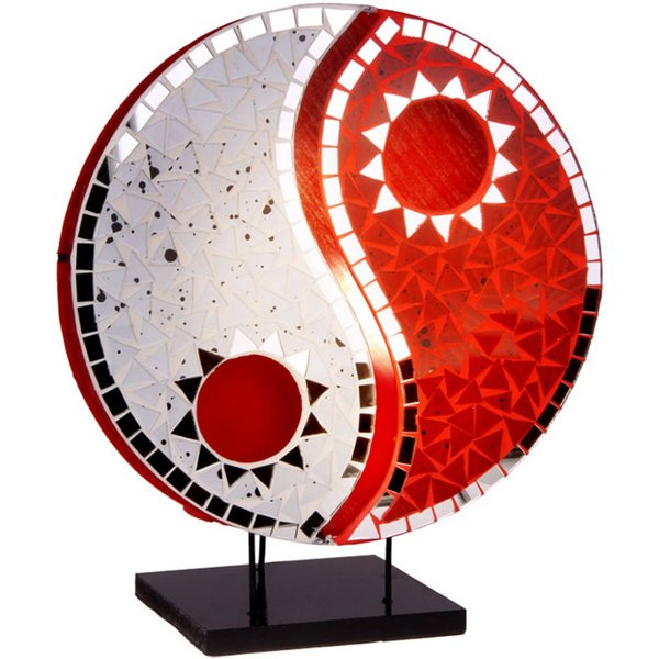 Tischlampe Ying Yang mit Mosaikspiegelsteinen rot