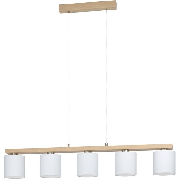 Hängelampe Castralvo, Länge 115 cm, holz/weiß, 5-flg., Stoff