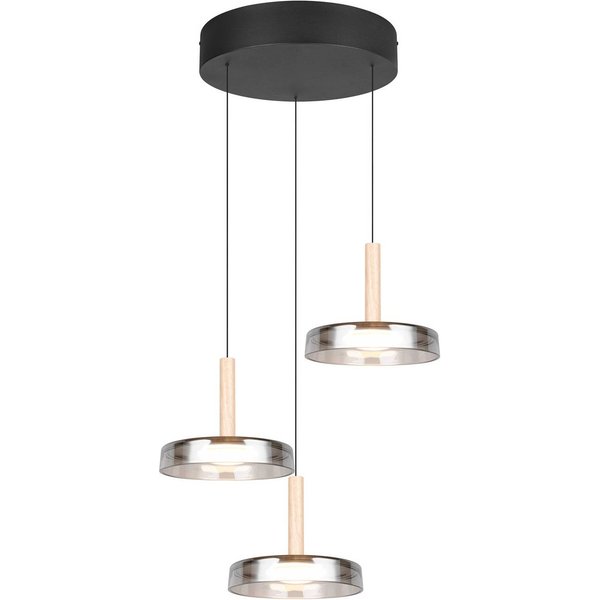 LED-Hängelampe Celeste, chrom/holz, Ø 35 cm 3-flg. Glas dim