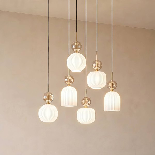 Hängelampe Sophia, 6-flammig, weiß/cognac, 65 cm lang, E14