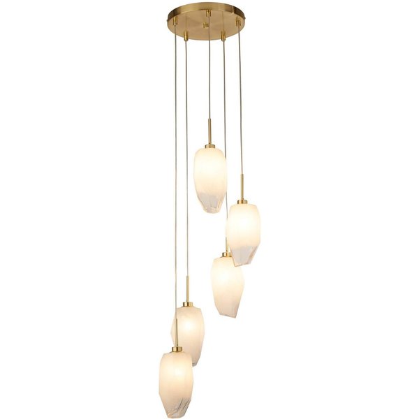 Pendelleuchte Rocky, 5-fl., rund, messingfarben, Stahl, Glas
