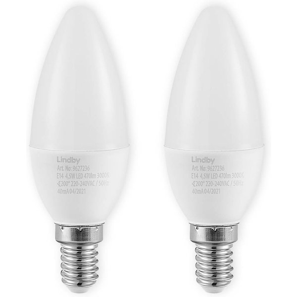 Lindby LED-Kerzenlampe, E14, C35, 4,5W, opal, 3000K, 2er-Set