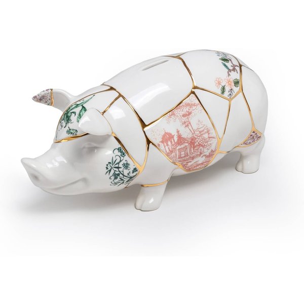 SELETTI Sparschwein Kintsugi, weiß / bunt, Porzellan, Gold