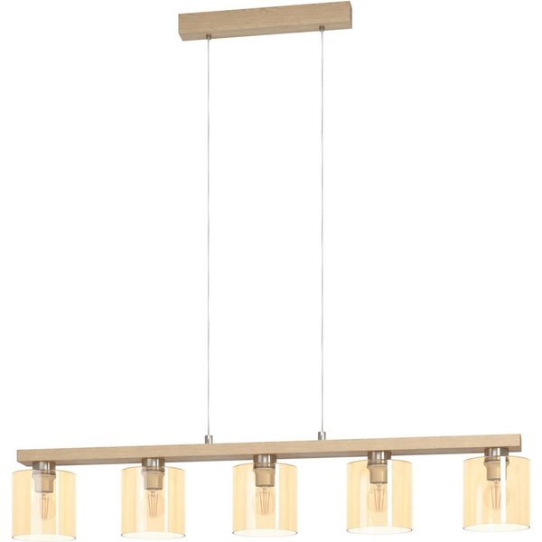 Hängelampe Castralvo, Länge 115 cm, holz/amber, 5-flg., Glas