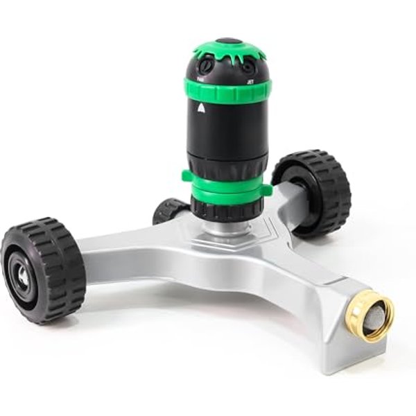 RESTMO Gear Drive Sprinkler with Metal Wheeled Base,Portable Lawn Sprinkler