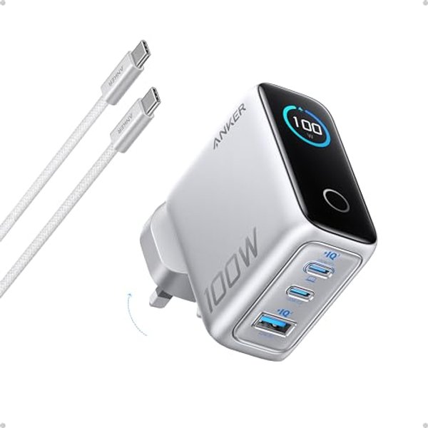 Anker 100W USB C Charger, 3-Port Fast Charger Plug, Ultra-Compact GaN Laptop Charger, Smart Display, Touch Control, for MacBook, iPad, iPhone 17/16/15