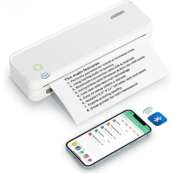 JADENS Portable Printers Wireless for Travel, A4 Thermal Printer, Bluetooth Thermal Printer Compatible with iOS, Android & Laptop, Inkless Mobile Prin
