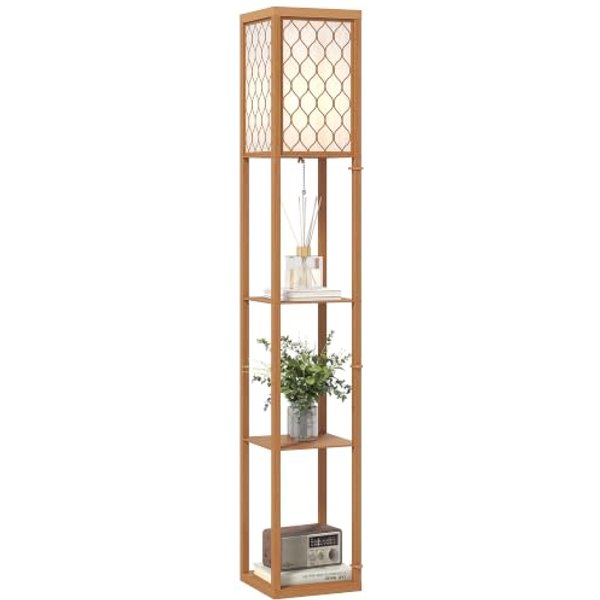 HOMCOM 3-Tier Floor Lamp with Shelves Standing Lamp Single Light Natural