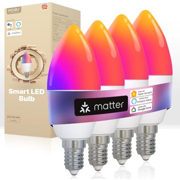MOES Matter E14 Candle Smart Bulbs, 6W 470lm RGB, 4 Pack