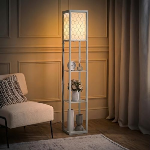 HOMCOM 3-Tier Floor Lamp with Shelves Standing Lamp Single Light Grey