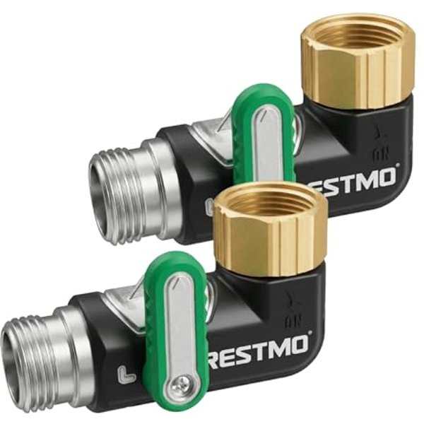 Restmo 90 Degree Hose Elbow with Shut Off Valves, Heavy Duty Full Metal One-Piece Body & Brass Widened Inlet & Outlet for RV, Garden, Spigot, Extended