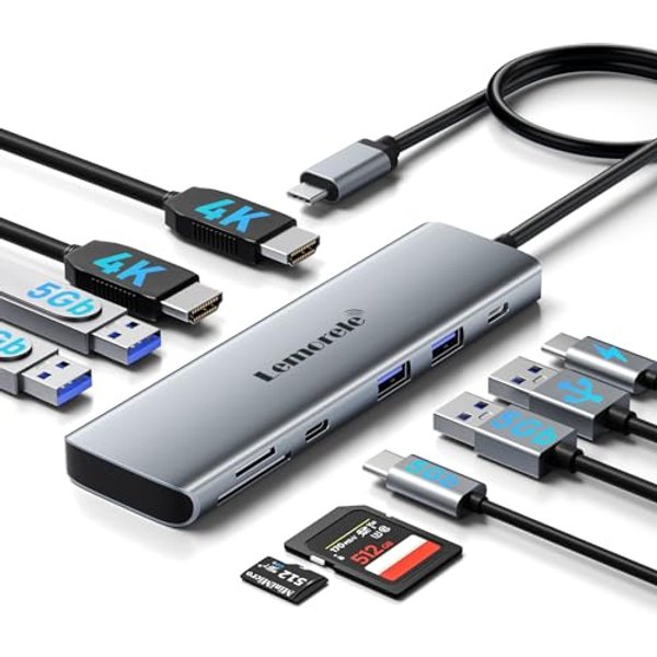 Lemorele laptop Docking Station Dual HDMI, 10-in-1 Aluminum USB C Hub 4K