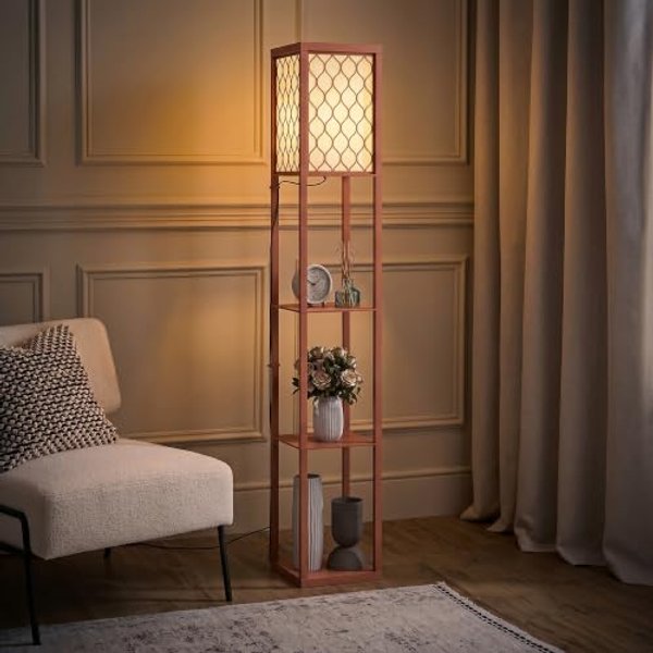 HOMCOM Floor Lamp with Shelves Tall Standing Lamp Single Light Brown