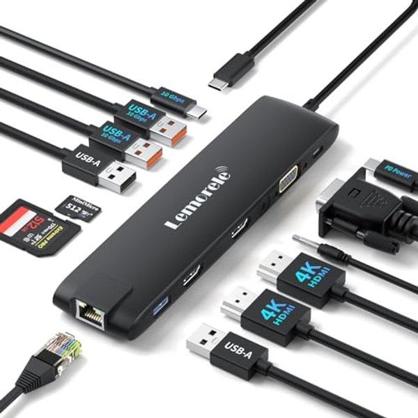 Lemorele Laptop Docking Station Triple Display, 13-in-1 USB C Hub 3x 10Gbps