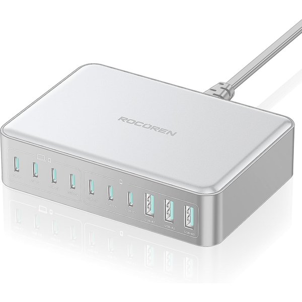 Rocoren 480W GaN USB C Charger, 10-Port PD100W QC4.0 PPS 4-Laptop Charger Station with 1.5m UK Extension Cord Compatible with MacBook, HP, iPad, iPhon