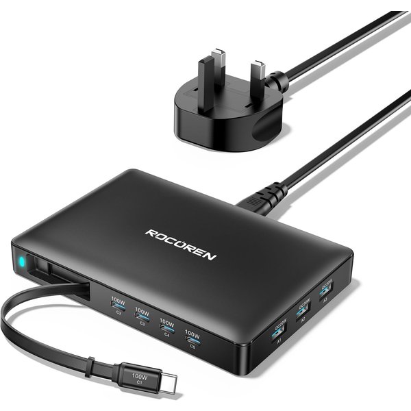 Rocoren USB Charging Station 8 in 1 Retractable Charger, PD 100W USB Charging Hub, GaN USB C Multi Charger Station for iPhone 17/16/16 Pro, MacBook Pr