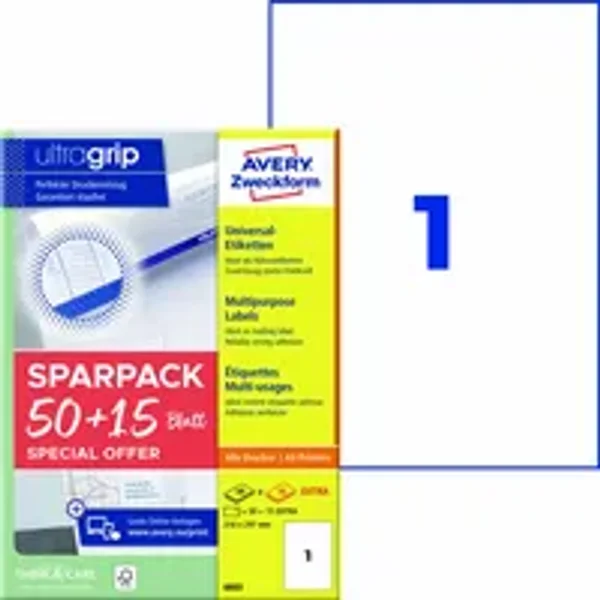 Avery Zweckform Universaletikett ultragrip SPARPACK 50 + 15 Blatt 210 x 297 mm (B x H)