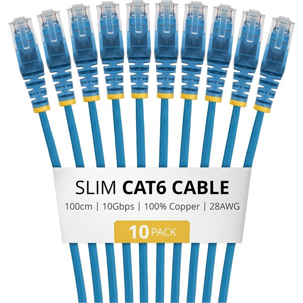 STARTECH.COM 1m Blue Slim CAT6 Cable 10 Pack Snagless 100W PoE UTP LSZH 28AWG Pure Bare Copper Wire Slim RJ45 Network Patch Cord