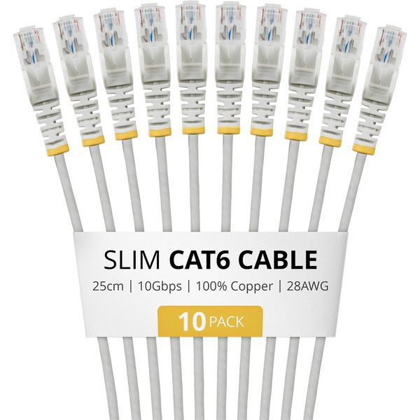 STARTECH.COM 25cm Gray Slim CAT6 Cable 10 Pack Snagless 100W PoE UTP LSZH 28AWG Pure Bare Copper Wire Slim RJ45 Network Patch Cord