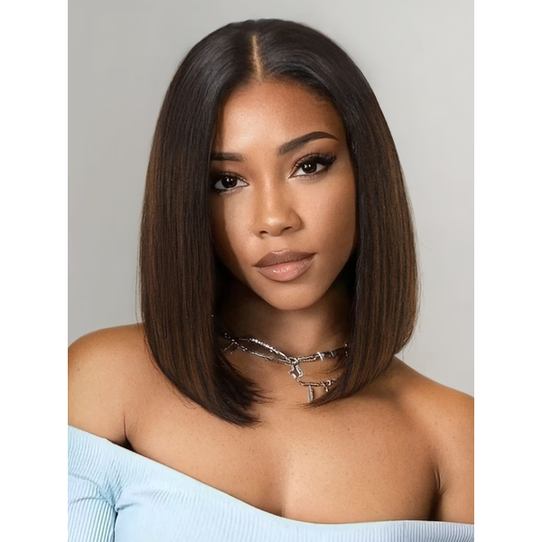 Nadula 70% Off 7x5 Lace Closure Blunt Cut Yaki Bob Natural Black and Caramel Highlights Bob Wig