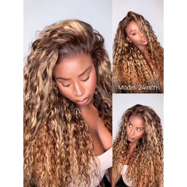 Nadula 13x4 Caramel Brown with Honey Blonde Highlights Wig No Slip Water Wave Put on and Go Lace Frontal Wig