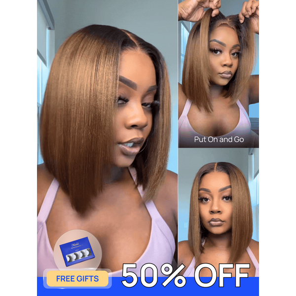 Free Gifts | Nadula 50% OFF Flash Sale 7x5 Chestnut Brown Ombre Yaki Bob Put On and Go Wig Glueless Human Hair Wigs with Invisi Drawstring