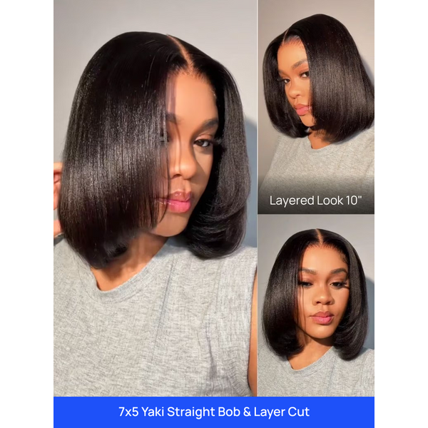 Nadula Flash Sale 7x5 Pre Cut Lace Yaki Straight Bob Wig Put On and Go Wig Put On And Go
