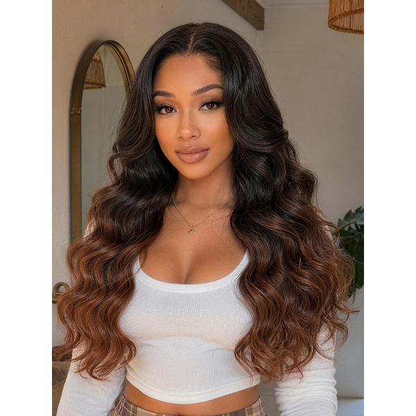 Nadula 13x4 No Slip Wig Mahogany Brown Ombre Body Wave Wig Long Layered Glam Wave Lace Frontal Glueless Human Hair Wig