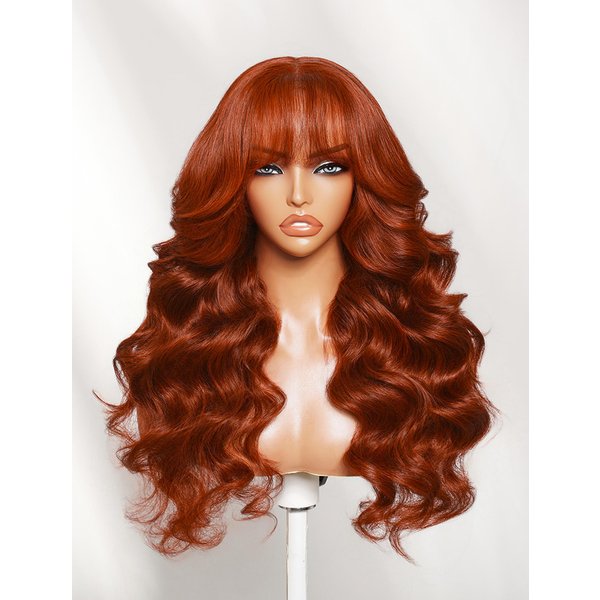 Nadula 7x5 No Slip Reddish Brown Loose Wave with Face Framing Curtain Bangs Put On and Go Glueless Wigs