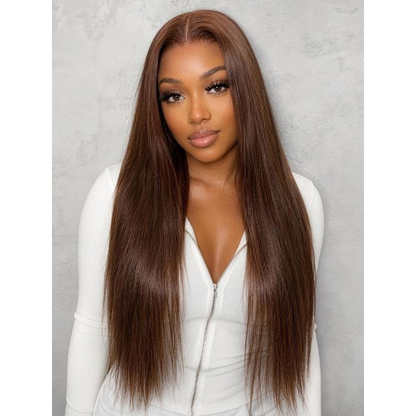 Nadula 7x5 No Slip Wig Brown with Copper Highlights Bone Straight Wig Glueless Human Hair Wig
