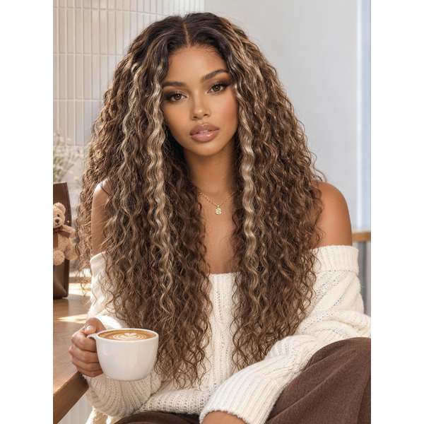 Nadula 7x5 No Slip Ash Brown With Blonde Face-Framing Highlights Water Wave Wig Glueless Human Hair Wig