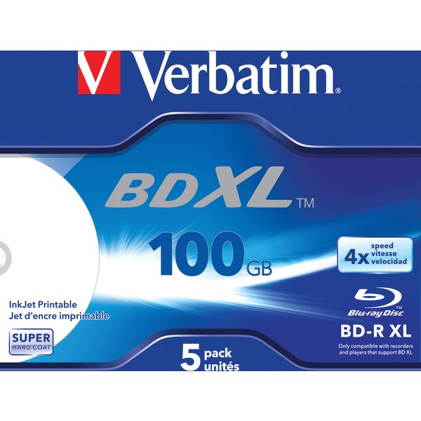 Verbatim BD-R XL 100GB* 4x Wide Inkjet Printable 5 Pack Jewel Case