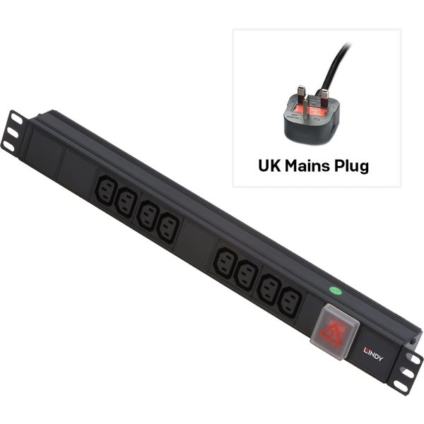 Lindy 1U 8 Way IEC Sockets. Horizontal PDU with UK Mains Plug